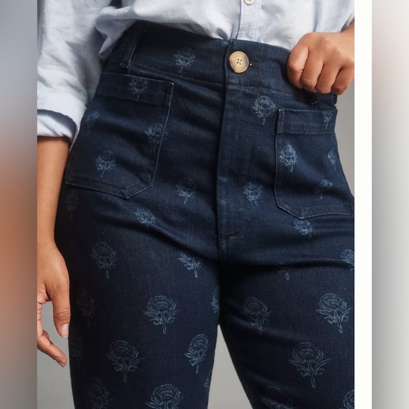 Anthropologie Maeve Colette Floral Print Denim Pants 32 Wide Leg High Rise - Picture 5 of 11